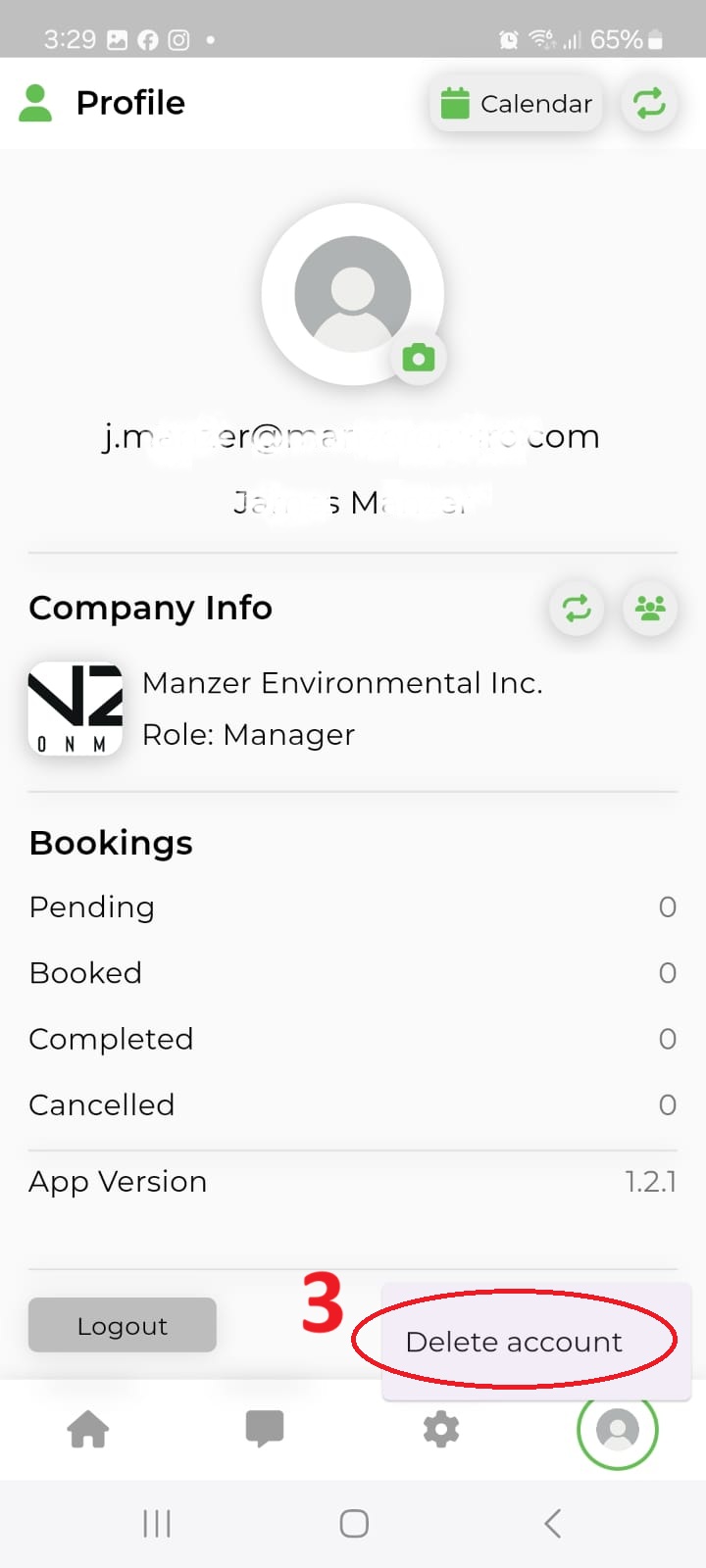 Step 3: Select delete account from the menu